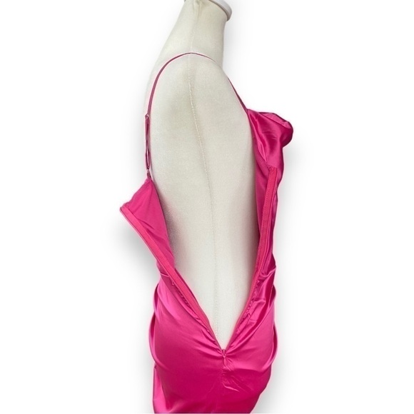 New HTZMO Fuchsia Ruched Cowl Neck Satin Midi Dress Size Extra Small - Picture 9 of 16